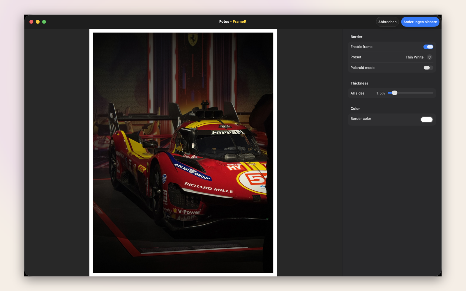 FrameR editor in Photos on Mac, Thin White preset
