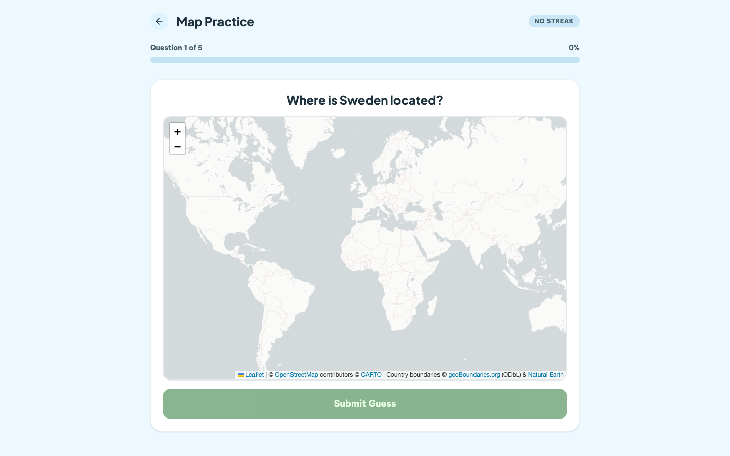 GeoDaily map practice asking the player to locate Sweden on a world map
