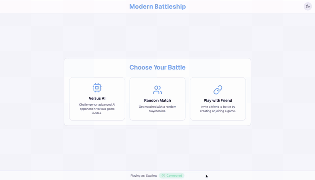 Battleships demo showing the game menu and a match against the computer